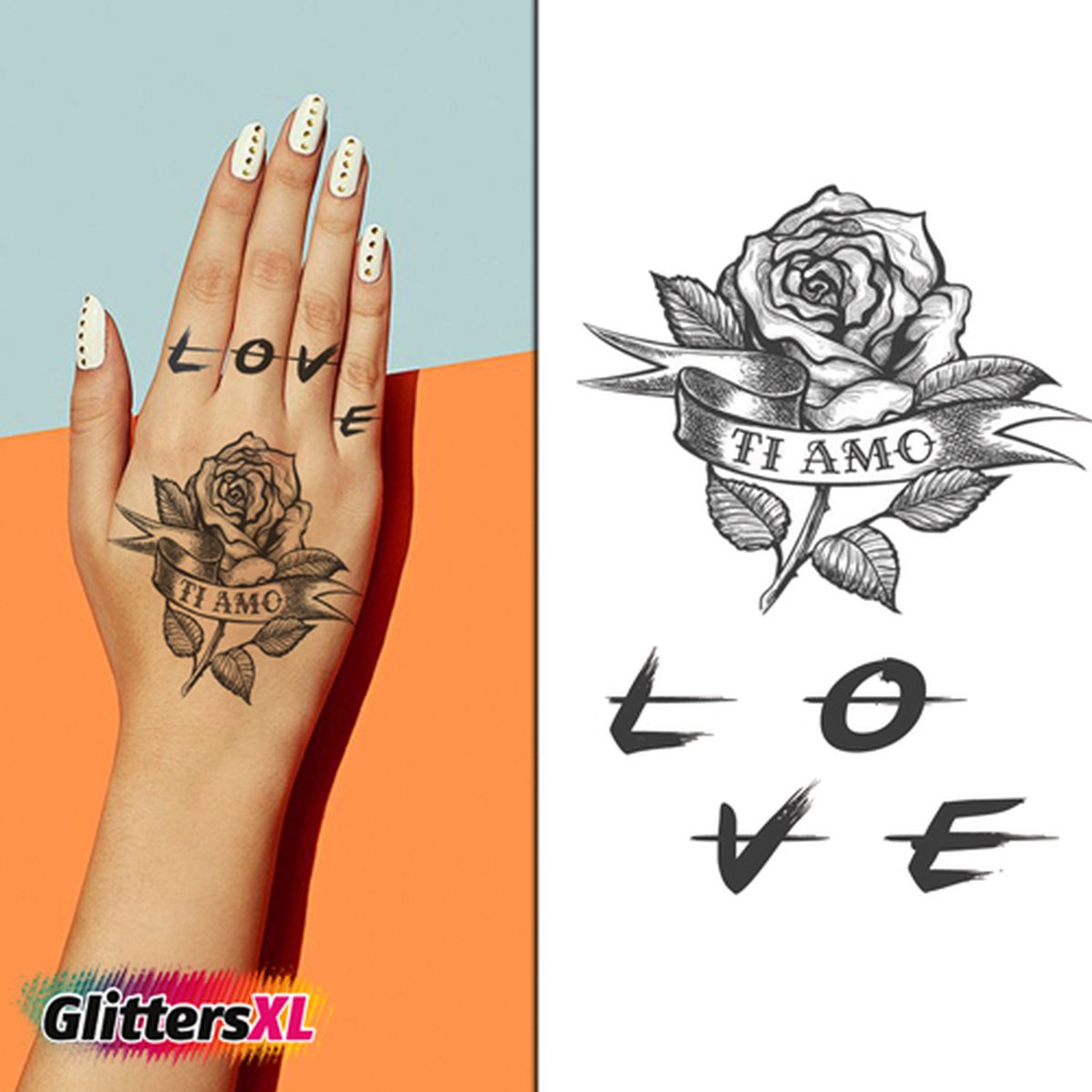 GlittersXL - Temporary Tattoo Bloem Love (11x8cm) [Neptattoo - Tijdelijke tatoeage - Nep Fake Tattoos - Water overdraagbare festival sticker henna outfit tattoo - Glitter tattoo - Volwassenen Kinderen Jongen Meisje]